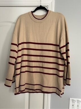 AnnieWear Cream Stripe Crewneck Sweater with Maroon Accents